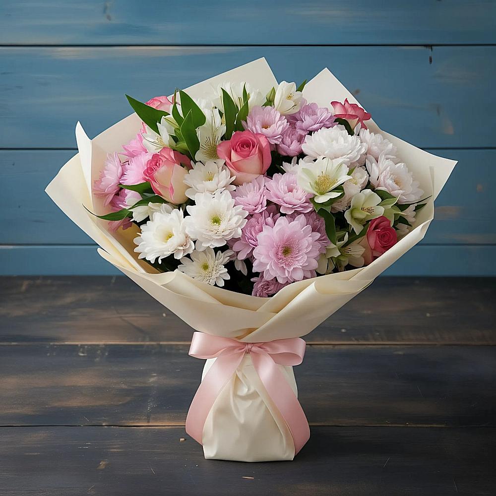 Букет цветов из: Хризантемы, Альстромерии и Розы в Тальменке